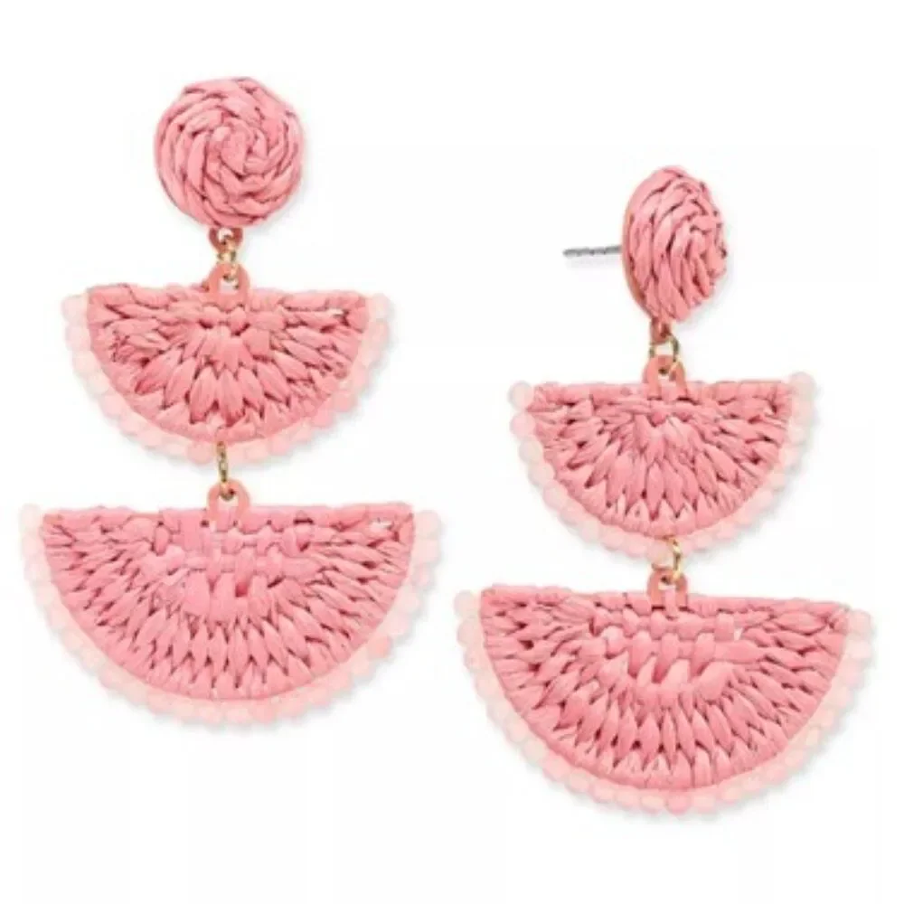 On 34th Gold-Tone Stone Bead & Woven Raffia Drop Earrings - NWT